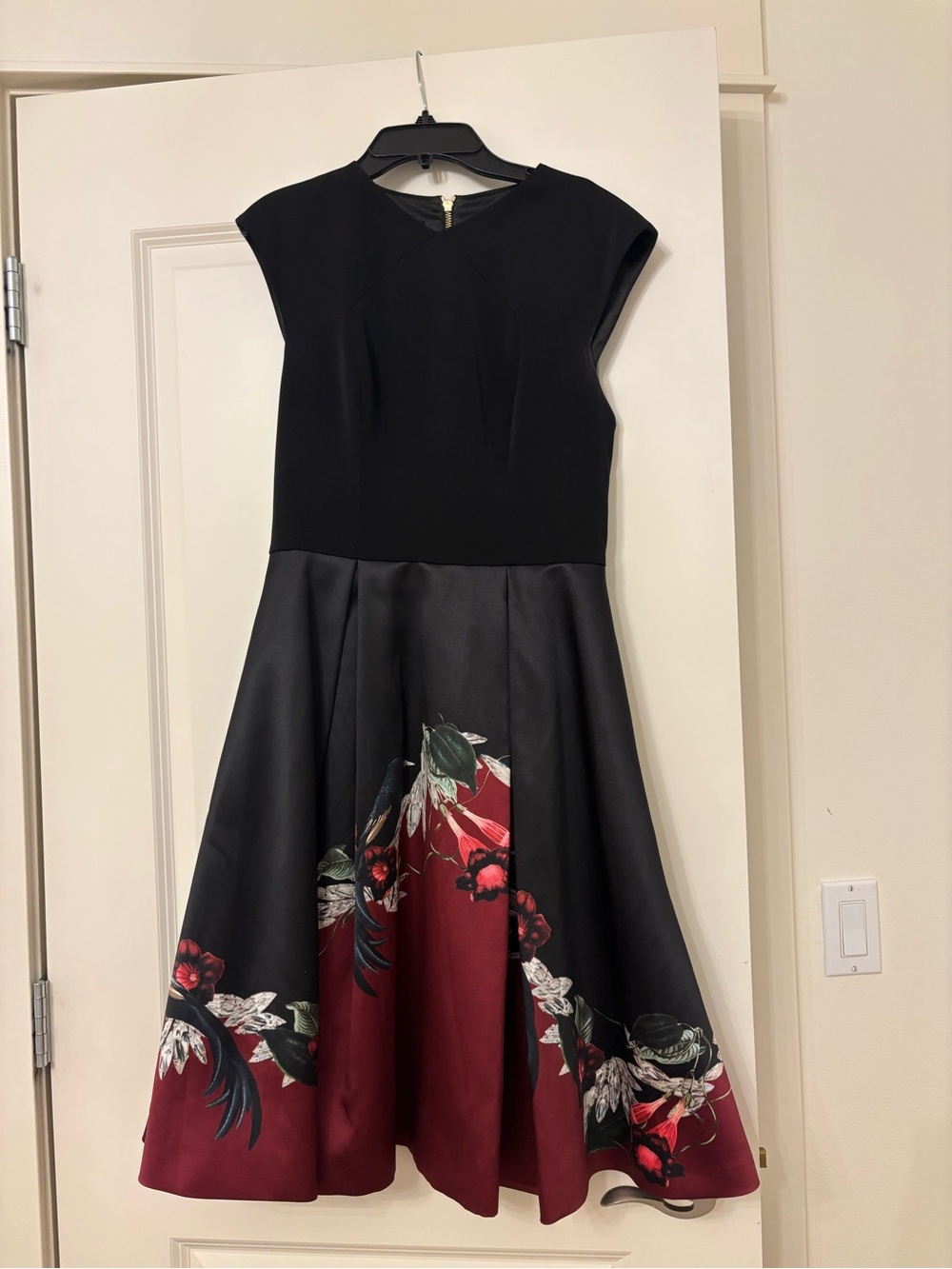 Ted Baker Black Bodice Midi Dress with Burgundy Floral Skirt